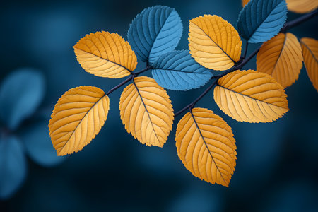 Colorful leaves in contrasting yellow and blue shades create a striking visual against a softly blurred background. perfect for nature-themed designs, emphasizing vibrant contrasts and organic textures in decorative projects. Generative AIの素材