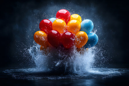A vivid collection of colorful balloons, including red, orange, yellow, and blue, suspended in mid-air amidst splashing water. the dramatic lighting and dark background emphasize the dynamic energy and vibrant colors, ideal for artistic and decorative purposes. Generative AIの素材