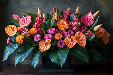 A vibrant floral arrangement featuring vivid pink anthuriums, lush green leaves, and purple roses. set in a black vase against a textured background, perfect for adding elegance to interior decor or event settings. Generative AIの素材