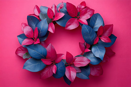 Vibrant wreath featuring alternating red and blue leaves set against a bold pink background, ideal for festive decor. suitable for use in design, print, cards, and posters, enhancing holiday and seasonal themes with striking contrast. Generative AIの素材