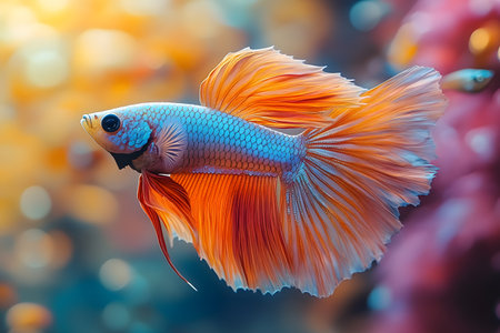 A striking betta fish showcases its vibrant orange and blue hues as it gracefully swims through a vividly colored underwater scene. the intricate details of its flowing fins contrast beautifully against the blurred bokeh background. Generative AIの素材