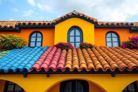 A striking example of mediterranean architecture featuring a brightly colored facade with arched windows. the multi-colored tiled roof adds visual interest, while blooming flowers cascade from window boxes, enhancing the vibrant aesthetic. Generative AIの素材