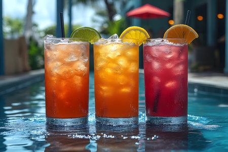 Three vibrant cocktails, garnished with citrus slices, sit enticingly by a shimmering pool under a sunny sky. a perfect embodiment of summer relaxation and tropical refreshment, featuring a casual yet elegant outdoor setting. Generative AIの素材