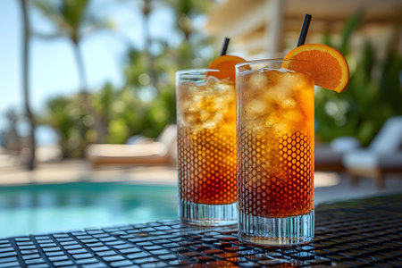 Two glasses of iced tea cocktails garnished with orange slices rest on a patterned table by a serene pool. the lush greenery and blurred sunlit background evoke a tropical, relaxing summer vibe perfect for vacation. Generative AIの素材