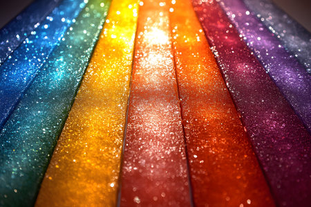 Vibrant horizontal stripes in a rainbow of colors shimmer with dazzling glitter, ideal for inspiring creativity in design projects. the sparkling texture enhances artistic ideas with its radiant and bold appearance. Generative AIの素材