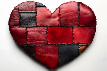 Heart-shaped patchwork crafted from various shades of red and black leather, showcasing intricate stitching and texture. ideal for valentine's day themes, romantic designs, and unique artisan crafts. Generative AIの素材