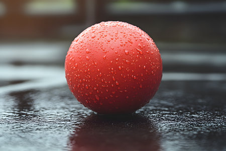 A striking red rubber ball sits on a wet surface, covered in glistening water droplets. the focus on minimalism and texture creates a playful yet serene atmosphere, making it ideal for design or advertising concepts. Generative AIの素材
