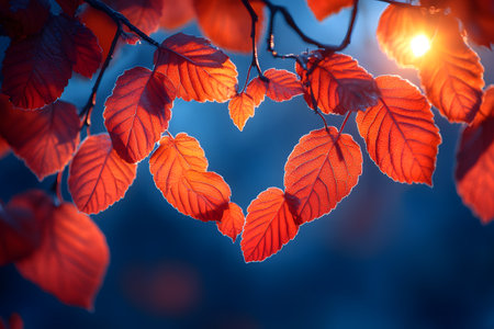 Vibrant autumn leaves form a heart shape, glowing with warm red-orange hues against a cool blue background. sunlight peeks through, adding a serene and romantic atmosphere, perfect for seasonal and nature-themed designs. Generative AIの素材