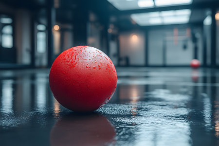 Red rubber ball on wet gym floor, capturing a serene moment of reflection and focus. modern gym environment blurred in the background, emphasizing glossy surface and natural lighting. Generative AIの素材