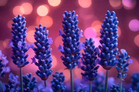 Vibrant lavender blooms stand tall against a dreamy bokeh background. the harmonious blend of purple hues and soft lights creates a serene and tranquil atmosphere, ideal for nature-themed designs and wellness concepts. Generative AIの素材