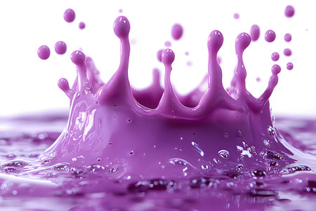 Dynamic close-up of a vivid purple liquid splash captured at the moment of impact against a smooth surface. the intricate droplets and ripple effects create a sense of energy and movement, ideal for modern art and creative design projects. Generative AIの素材