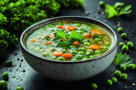 A rustic bowl filled with vibrant vegetable soup, featuring carrots, peas, and lush parsley. the rich colors and fresh ingredients make it ideal for showcasing autumn flavors or culinary-themed designs. Generative AIの素材