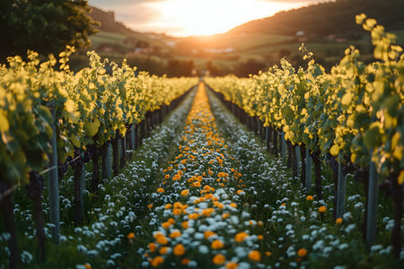 Sunlight bathes the sprawling rows of grapevines in a vineyard, casting a warm glow over the lush foliage. colorful wildflowers line the ground, creating a picturesque and tranquil rural scene at sunset. Generative AIの素材