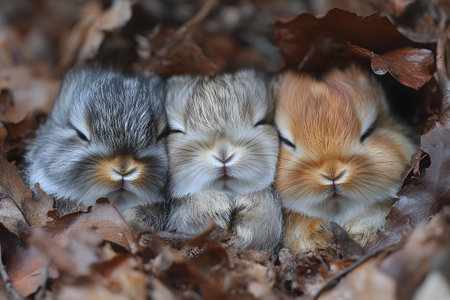 Three fluffy baby bunnies rest closely together, surrounded by fallen autumn leaves. their fur blends harmoniously with the earthy tones, creating a heartwarming scene that embodies the essence of nature's beauty and tranquility. Generative AIの素材