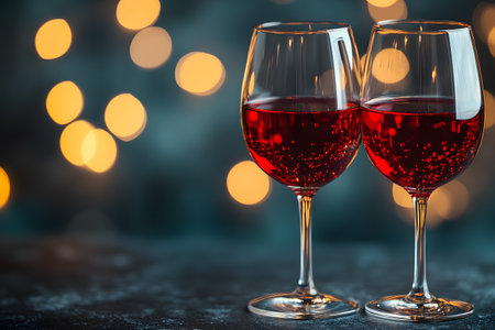 Two elegant glasses filled with rich red wine set against a backdrop of warm, soft bokeh lights create a romantic and inviting atmosphere, ideal for celebrations, intimate gatherings, or special occasions. Generative AIの素材