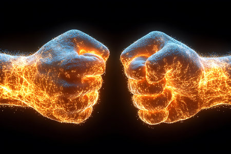 Two fists collide in an electrifying fist bump, surrounded by glowing energy trails, set against a dark background. this concept symbolizes strength, unity, and dynamic energy, offering a powerful visual for digital designs, sports themes, or motivational posters. Generative AIの素材