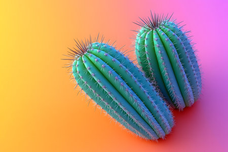 Two green cacti stand against a radiant gradient background blending orange, pink, and purple hues. the image showcases a modern and vivid design, ideal for digital art, contemporary decor, or nature-inspired graphics. Generative AIの素材