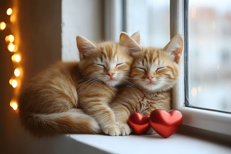 Charming scene of two ginger kittens peacefully sleeping on a windowsill, adorned with soft red heart decorations. ideal for valentine's day themes, pet lovers, or cozy moments in home decor. Generative AIの素材