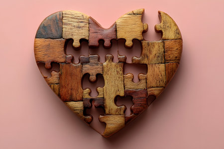 A wooden heart-shaped puzzle with interlocking pieces set against a soft pink background, creating a symbolic representation of love, connection, and unity. ideal for romantic themes, valentine's day, or relationship concepts. Generative AIの素材