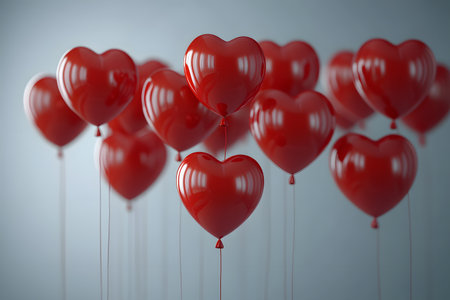 Heart-shaped red balloons float gracefully, symbolizing love and celebration. ideal for valentine's day themes, weddings, anniversaries, and romantic events. perfect for decoration, print, and greeting cards. Generative AIの素材