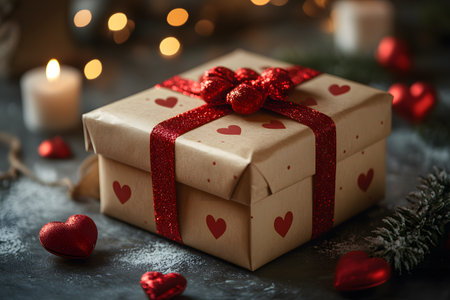 A beautifully wrapped gift box adorned with a red glitter ribbon and heart motifs, set against a festive backdrop with glowing candles and decorative elements. perfect for valentine's day themes or romantic occasions. Generative AIの素材