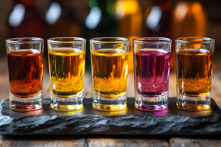 A vibrant arrangement of multicolored alcoholic shots lined up on a rustic slate tray, set against a blurred background. perfect for illustrating nightlife themes, bar menus, or cocktail party invitations. Generative AIの素材