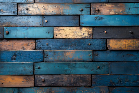A rustic wooden wall composed of worn blue and brown planks, creating a vintage texture perfect for creative projects. each plank displays faded paint and subtle imperfections, offering a weathered yet charming aesthetic. Generative AIの素材