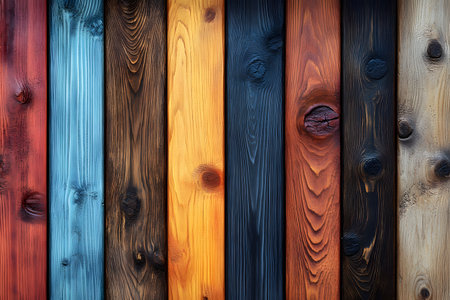 A vibrant display of vertical wooden planks in various colors, showcasing natural grain and rustic texture. ideal for interior design, digital backgrounds, or print projects, emphasizing earthy tones and organic aesthetics. Generative AIの素材