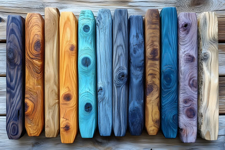Colorful wooden planks with rich textures arranged side by side, showcasing a spectrum of natural hues from warm orange to cool blue. ideal for design inspiration, backgrounds, or rustic-themed projects. Generative AIの素材