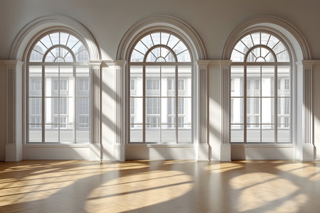 Elegant arched windows in a classical architectural style flood a room with natural light, casting artistic shadows on the polished wooden floor. a perfect scene for showcasing design and architectural sophistication. Generative AIの素材