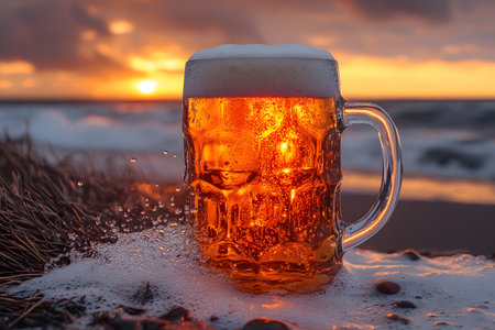 A beer mug brimming with frothy, golden ale is positioned on a sandy beach, with waves gently lapping around it. the vibrant sunset in the background casts a warm glow, creating a serene and inviting atmosphere, ideal for leisurely summer moments. Generative AIの素材