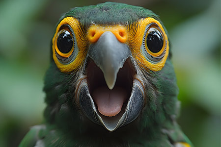 A vivid close-up of a parrot with striking yellow and green plumage, showcasing its expressive eyes and open beak. the natural backdrop highlights the bird's vibrant colors, ideal for wildlife and nature-themed designs. Generative AIの素材