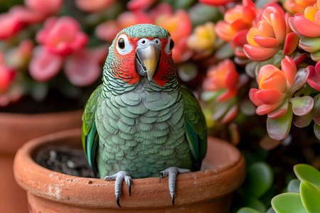 A vivid parrot with detailed green and red plumage sits in a terracotta pot, surrounded by lush, colorful succulents. the scene showcases vibrant colors and nature's beauty, perfect for design or print purposes. Generative AIの素材