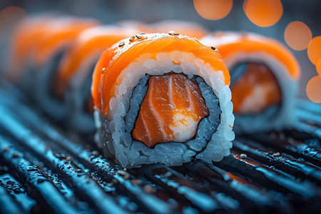 Fresh salmon sushi rolls showcased artistically on a bamboo mat, the vibrant, orange hues of the fish and the delicate texture of the rice. perfect for gourmet dining and authentic japanese cuisine themes. Generative AIの素材
