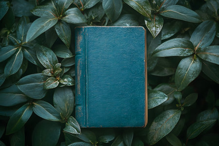 A vintage blue hardcover book lies in the midst of lush green leaves, creating a harmonious blend of literature and nature. this serene arrangement conveys a sense of mystery and tranquility, suitable for themes like reading, knowledge, or nature. Generative AIの素材