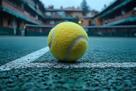 A close-up of a tennis ball sitting on a cracked tennis court, with an urban environment in the background. the early morning atmosphere creates a dramatic setting, contrasts in textures and lighting. Generative AIの素材