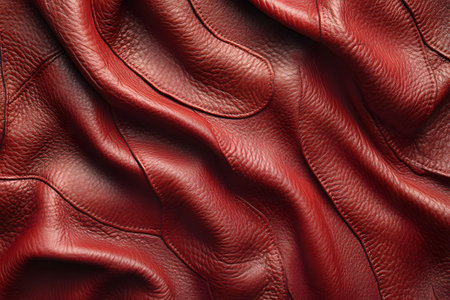 Detailed close-up of rich red leather fabric showcasing its texture and opulence. the image highlights the intricate patterns and folds, ideal for fashion, upholstery, or interior design inspirations. Generative AIの素材
