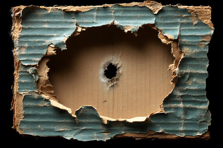 A close-up view of torn cardboard revealing a central hole, surrounded by layered textures in blue. the uneven edges and intricate details create an abstract, creative design, ideal for backgrounds or artistic compositions. Generative AIの素材