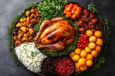 A beautifully arranged festive platter featuring a golden roast chicken surrounded by an array of vibrant vegetables, fluffy rice, and assorted sauces. a rich celebration of flavors perfect for holiday gatherings or special occasions. Generative AIの素材