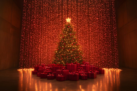 A beautifully decorated christmas tree adorned with a glowing star stands amidst an array of red gift boxes, set against a backdrop of warm, cascading festive lights creating a cozy holiday atmosphere. Generative AIの素材