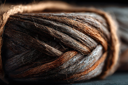 Close-up of rustic twine fibers showcasing intricate texture and rich, earthy tones. the intertwined strands highlight natural materials ideal for crafting, design, and sustainable lifestyle themes. Generative AIの素材