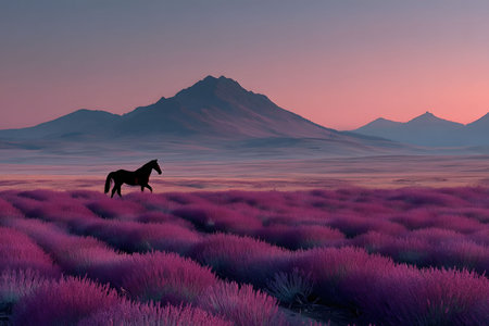 A majestic horse stands in a vibrant lavender field under a stunning sunset sky, with distant mountains silhouetted against the colorful horizon. the tranquil scene evokes feelings of peace and natural beauty, perfect for design and decor projects. Generative AIの素材