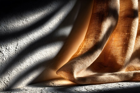 A play of light and shadow creates an artistic pattern on a textured wall as sunlight filters through a semi-transparent drapery. the warm tones and gentle folds evoke a sense of elegance and tranquility, ideal for interior design inspiration. Generative AIの素材