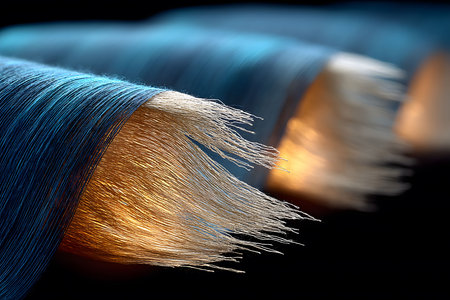 Close-up of illuminated fiber optic cables creating a stunning visual of glowing threads. the play of light and shadow emphasizes technological innovation and modern connectivity. ideal for tech-focused design projects. Generative AIの素材