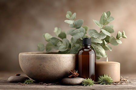 Relaxing spa setting with natural elements, featuring a wooden bowl, aromatherapy bottle, eucalyptus branches, a rustic candle, smooth stones, and small succulents, ideal for home decor inspiration or wellness themes. Generative AIの素材