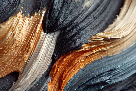 Vibrant abstract art featuring dynamic black and gold brushstrokes. the metallic textures and rich color contrast create a sense of depth and movement. ideal for modern design projects, art posters, or decor inspiration. Generative AIの素材