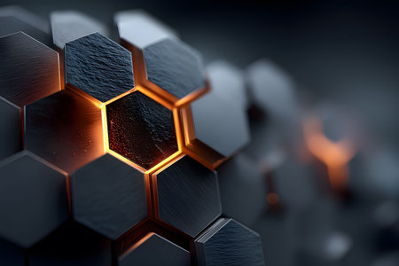 Close-up of a modern, abstract hexagonal pattern featuring illuminated sections. the image highlights sleek, metallic textures and a warm, glowing center, symbolizing innovation, technology, and futuristic design. Generative AIの素材