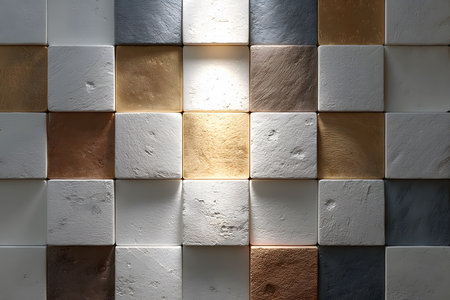 Geometric wall arrangement displaying a blend of textured tiles in metallic, neutral, and earth tones. the grid pattern creates a modern aesthetic suitable for interior design, emphasizing contrast and texture. Generative AIの素材