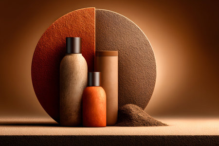 Skincare products presented in a minimalist setup, featuring bottles of various sizes and earthy tones. a textured circular backdrop complements the natural hues, creating a serene and organic aesthetic. ideal for beauty and wellness promotions. Generative AIの素材