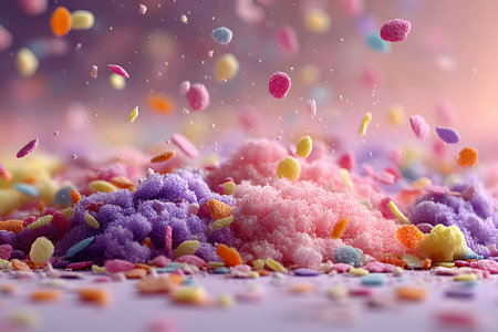 A vibrant array of colorful candies and sprinkles seemingly suspended in mid-air against a soft, blurred background. this playful and festive scene is perfect for adding a touch of whimsy to any holiday celebration or creative design project. Generative AIの素材